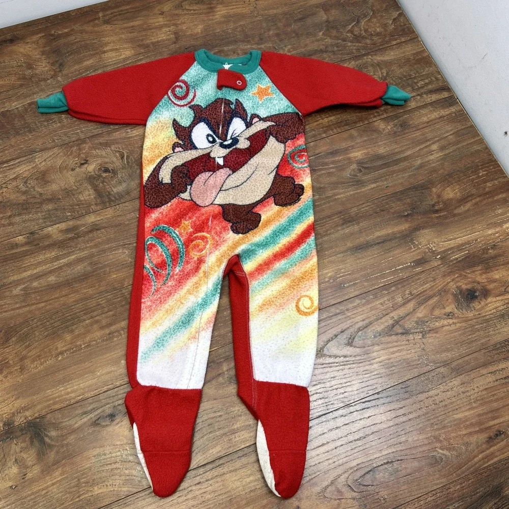 VTG 90s Looney Tunes Baby Taz 3T Fleece Sleeper Romper Red One Piece Outfit‎ USA